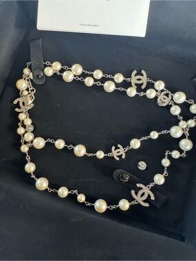 CHANEL Iconic Ivory Pearl CC Logo Long Chain Necklace